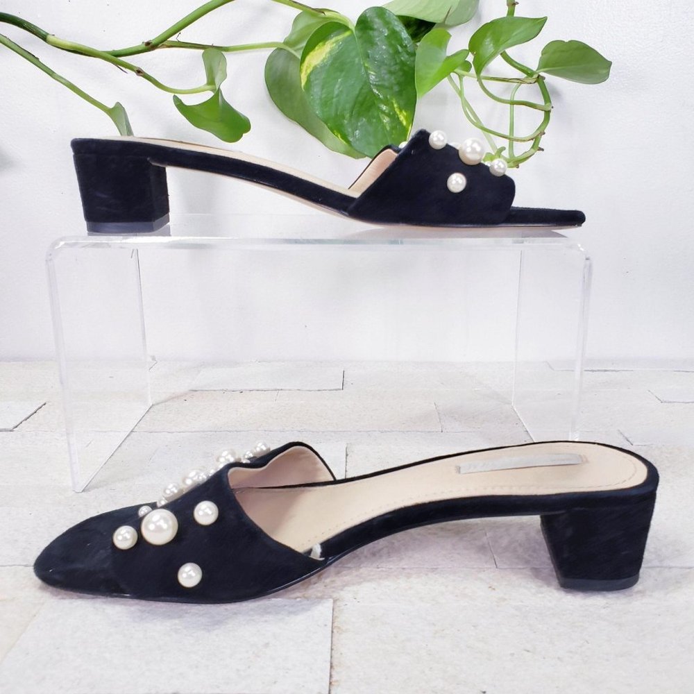 H&M Sandal Premium Black Suede Pearl Mules Slides 7 - Picture 9 of 11